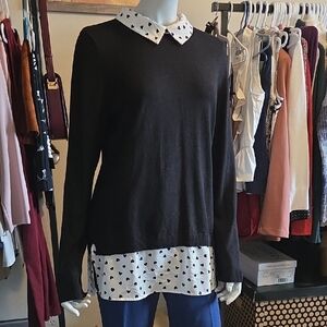 Adrianna Papell Black and White Heart Polka Dot Top w Button Back Collar